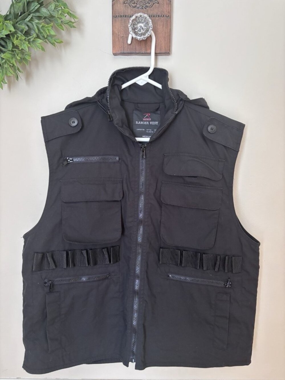Rothco Mens Size M Ranger Tactical Vest Black Military Full Zip Pockets Hooded